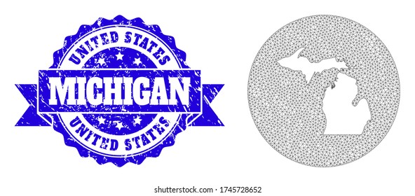 Mesh vector map of Michigan State with grunge seal stamp. Triangle net map of Michigan State is a hole in a round shape. Blue round scratched seal with ribbon.