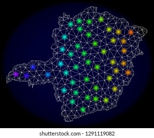 Mesh vector map of Minas Gerais State with glare effect on a dark background. Light spots have bright spectrum colors. Abstract lines, triangles,