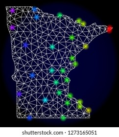 Mesh vector map of Minnesota State with glare effect. Light spots have bright rainbow colors. Abstract lines, triangles, light spots and points on a dark background with map of Minnesota State.