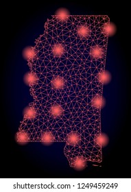 Mesh vector map of Mississippi State with glare effect. Red abstract lines, light spots and points on a dark background with map of Mississippi State.