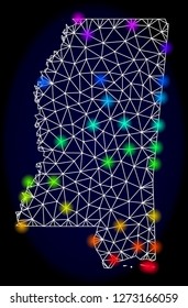 Mesh vector map of Mississippi State with glare effect. Light spots have bright rainbow colors. Abstract lines, triangles, light spots and points on a dark background with map of Mississippi State.