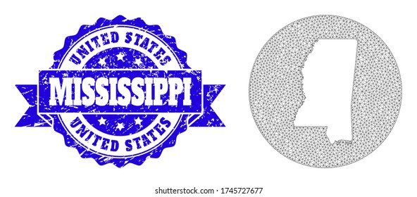 Mesh vector map of Mississippi State with grunge seal stamp. Triangular net map of Mississippi State is stencils in a circle. Blue rounded grunge seal with ribbon.