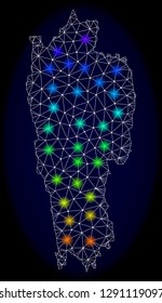 Mesh vector map of Mizoram State with glare effect on a dark background. Light spots have bright rainbow colors. Abstract lines, triangles, light spots and points forms map of Mizoram State.