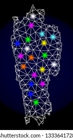 Mesh vector map of Mizoram State with glare effect on a dark background. Abstract lines, triangles, light colorful spots and points forms map of Mizoram State.