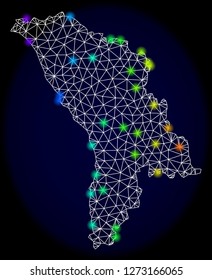 Mesh vector map of Moldova with glare effect. Light spots have bright rainbow colors. Abstract lines, triangles, light spots and points on a dark background with map of Moldova.