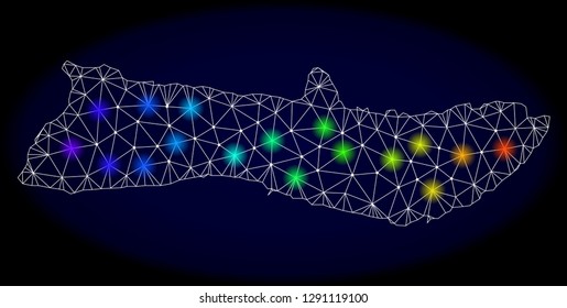 Mesh vector map of Molokai Island with glare effect on a dark background. Light spots have bright rainbow colors. Abstract lines, triangles, light spots and points forms map of Molokai Island.