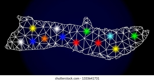 Mesh vector map of Molokai Island with glare effect on a dark background. Abstract lines, triangles, light colorful spots and points forms map of Molokai Island.