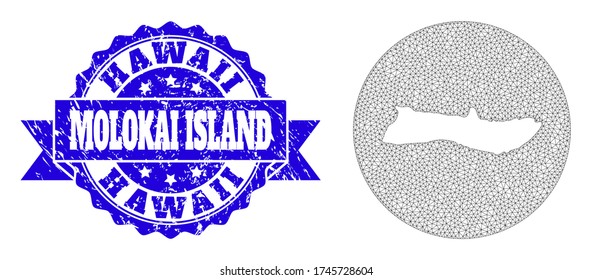 Mesh vector map of Molokai Island with grunge seal stamp. Triangular net map of Molokai Island is stencils in a round shape. Blue rounded distress seal stamp with ribbon.