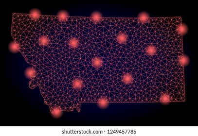Mesh vector map of Montana State with glare effect. Red abstract lines, light spots and points on a dark background with map of Montana State.