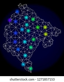 Mesh vector map of Montenegro with glare effect. Light spots have bright spectrum colors. Abstract lines, triangles, light spots and points on a dark background with map of Montenegro.