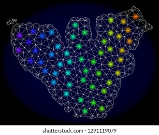Mesh vector map of Moorea Island with glare effect on a dark background. Light spots have bright rainbow colors. Abstract lines, triangles, light spots and points forms map of Moorea Island.