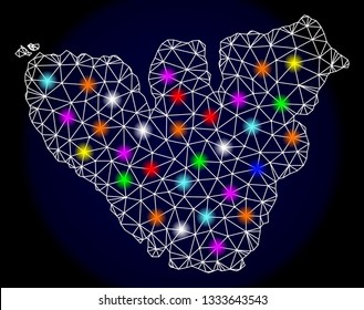 Mesh vector map of Moorea Island with glare effect on a dark background. Abstract lines, triangles, light colorful spots and points forms map of Moorea Island.