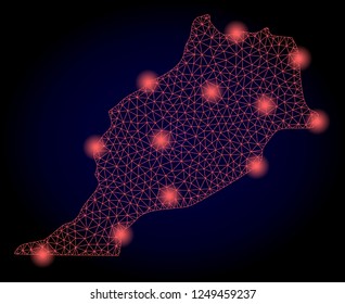 Mesh vector map of Morocco with glare effect. Red abstract lines, light spots and points on a dark background with map of Morocco.