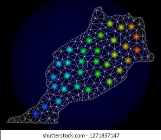 Mesh vector map of Morocco with glare effect. Light spots have bright spectrum colors. Abstract lines, triangles, light spots and points on a dark background with map of Morocco.
