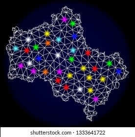 Mesh vector map of Moscow Region with glare effect on a dark background. Abstract lines, triangles, light colorful spots and points forms map of Moscow Region.