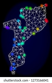Mesh vector map of Mozambique with glare effect. Light spots have bright rainbow colors. Abstract lines, triangles, light spots and points on a dark background with map of Mozambique.