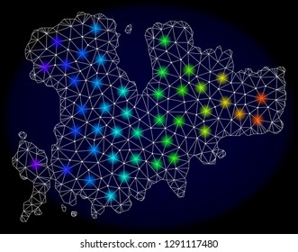 Mesh vector map of Mykonos Island with glare effect on a dark background. Light spots have bright rainbow colors. Abstract lines, triangles, light spots and points forms map of Mykonos Island.