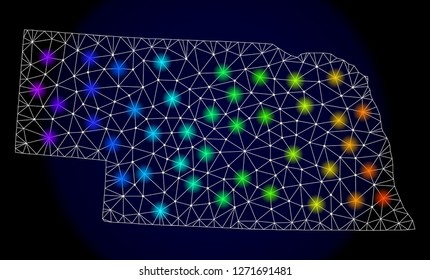 Mesh vector map of Nebraska State with glare effect. Light spots have bright spectrum colors. Abstract lines, triangles, light spots and points on a dark background with map of Nebraska State.