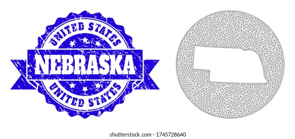 Mesh vector map of Nebraska State with grunge watermark. Triangular mesh map of Nebraska State is carved in a round shape. Blue round distress watermark with ribbon.
