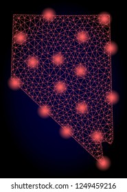 Mesh vector map of Nevada State with glare effect. Red abstract lines, light spots and points on a dark background with map of Nevada State.