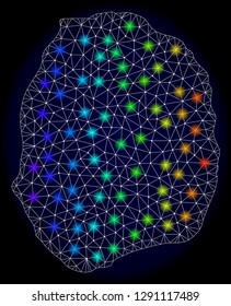 Mesh vector map of Nevis Island with glare effect on a dark background. Light spots have bright rainbow colors. Abstract lines, triangles, light spots and points forms map of Nevis Island.