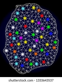 Mesh vector map of Nevis Island with glare effect on a dark background. Abstract lines, triangles, light colorful spots and points forms map of Nevis Island.