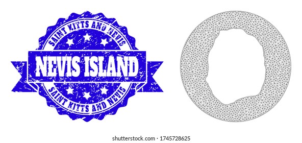 Mapa vectorial de malla de la isla de Nevis con sello de foca de grano. El mapa triangular de malla de la isla de Nevis se substrae de forma redonda. Estampilla azul redondeada con cinta.