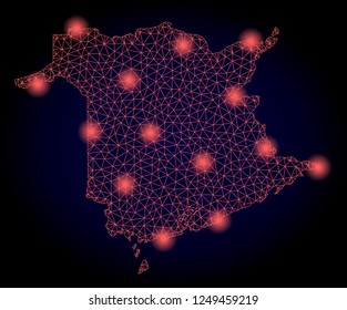 Mesh vector map of New Brunswick Province with glare effect. Red abstract lines, light spots and points on a dark background with map of New Brunswick Province.