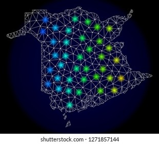 Mesh vector map of New Brunswick Province with glare effect. Light spots have bright spectrum colors. Abstract lines, triangles,