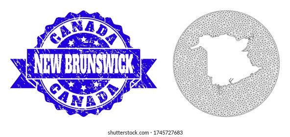 Mesh vector map of New Brunswick Province with grunge watermark. Triangular net map of New Brunswick Province is a hole in a round shape. Blue rosette scratched watermark with ribbon.