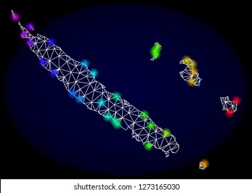 Mesh vector map of New Caledonia with glare effect. Light spots have bright rainbow colors. Abstract lines, triangles, light spots and points on a dark background with map of New Caledonia.