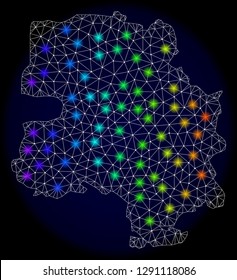 Mesh vector map of New Delhi City with glare effect on a dark background. Light spots have bright rainbow colors. Abstract lines, triangles, light spots and points forms map of New Delhi City.