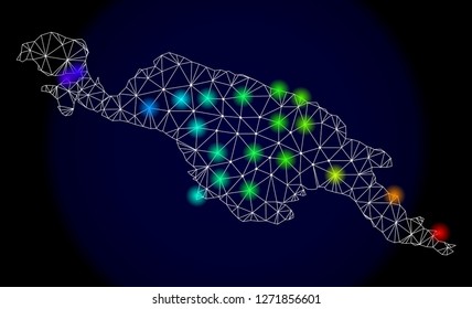 Mesh vector map of New Guinea with glare effect. Light spots have bright spectrum colors. Abstract lines, triangles, light spots and points on a dark background with map of New Guinea.
