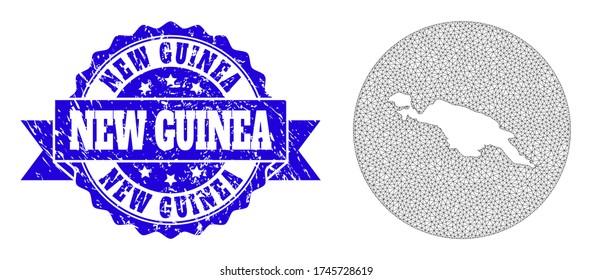 Mesh vector map of New Guinea Island with grunge seal stamp. Triangular mesh map of New Guinea Island is subtracted from a round shape. Blue rounded scratched seal stamp with ribbon.