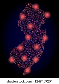 Mesh vector map of New Jersey State with glare effect. Red abstract lines, light spots and points on a dark background with map of New Jersey State.