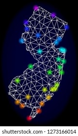 Mesh vector map of New Jersey State with glare effect. Light spots have bright spectrum colors. Abstract lines, triangles, light spots and points on a dark background with map of New Jersey State.