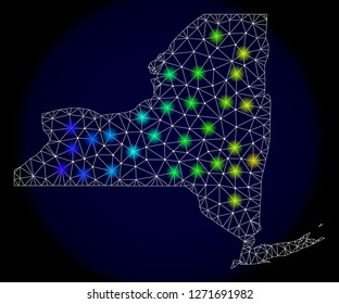 Mesh vector map of New York State with glare effect. Light spots have bright spectrum colors. Abstract lines, triangles, light spots and points on a dark background with map of New York State.