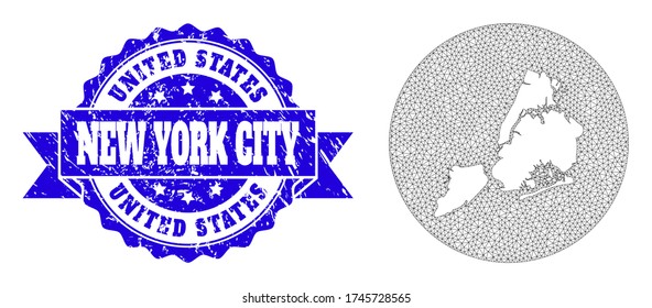 Mesh vector map of New York City with grunge seal stamp. Triangular net map of New York City is carved in a round shape. Blue round grunge seal with ribbon.