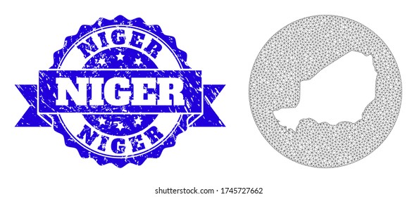 Mesh vector map of Niger with scratched seal stamp. Triangle mesh map of Niger is a hole in a circle. Blue rosette scratched seal stamp with ribbon.