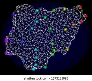 Mesh vector map of Nigeria with glare effect. Light spots have bright spectrum colors. Abstract lines, triangles, light spots and points on a dark background with map of Nigeria.