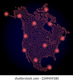 Mesh vector map of North America with glare effect. Red abstract lines, light spots and points on a dark background with map of North America.