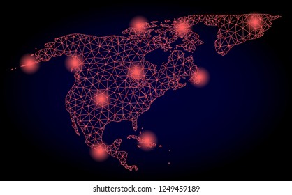 Mesh vector map of North America and Greenland with glare effect. Red abstract lines, light spots and points on a dark background with map of North America and Greenland.