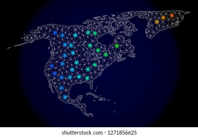 Mesh vector map of North America and Greenland with glare effect. Light spots have bright spectrum colors. Abstract lines, triangles,