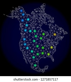 Mesh vector map of North America with glare effect. Light spots have bright spectrum colors. Abstract lines, triangles, light spots and points on a dark background with map of North America.