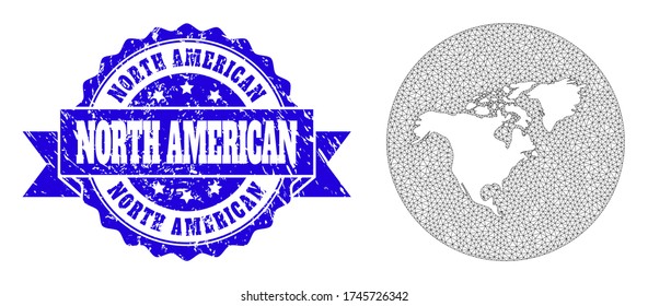 Mesh vector map of North America with scratched watermark. Triangle mesh map of North America is subtracted from a round shape. Blue round textured stamp with ribbon.