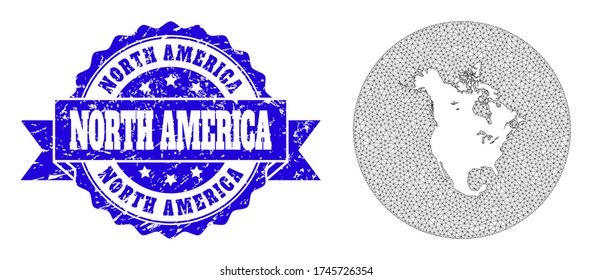 Mesh vector map of North America with grunge seal stamp. Triangle network map of North America is a hole in a round shape. Blue rosette grunge stamp has ribbon.