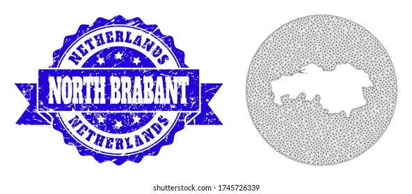 Mesh vector map of North Brabant Province with scratched seal stamp. Triangle mesh map of North Brabant Province is stencils in a circle. Blue round distress seal stamp with ribbon.
