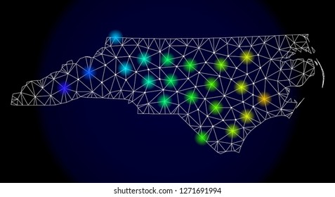 Mesh vector map of North Carolina State with glare effect. Light spots have bright spectrum colors. Abstract lines, triangles,