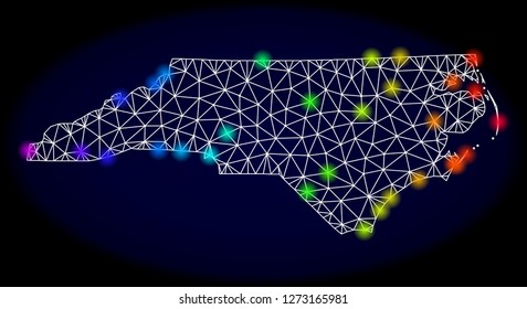 Mesh vector map of North Carolina State with glare effect. Light spots have bright spectrum colors. Abstract lines, triangles,