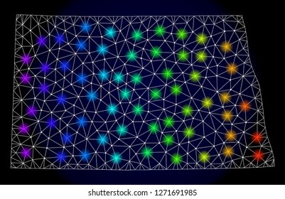 Mesh vector map of North Dakota State with glare effect. Light spots have bright spectrum colors. Abstract lines, triangles, light spots and points on a dark background with map of North Dakota State.
